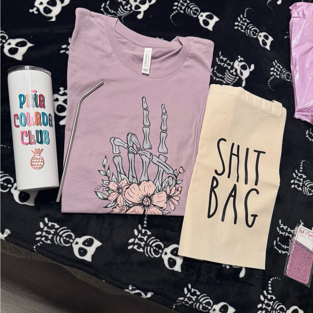 Bella Canvas Purple Tee with Skeleton and Flowers, Tumbler & Cloth Bag